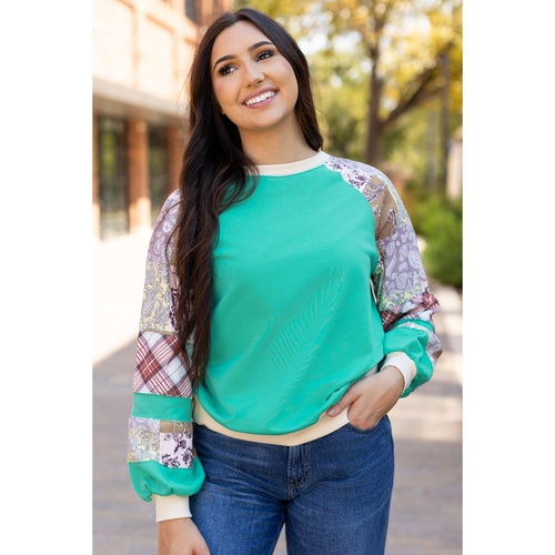 Aruba Blue Plaid Vintage Paisley Patchwork Long Sleeve Raglan Top - L - Main Image
