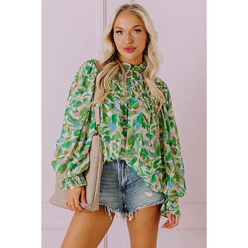 Green Leafy Printed Flounce Sleeve Shirred Mock Neck Blouse - L - Main Image