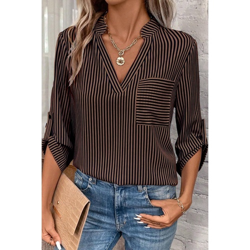 Brown Stripe V Neck Roll Up Sleeve Pocket Patched Classic Shirt - L - Main Image