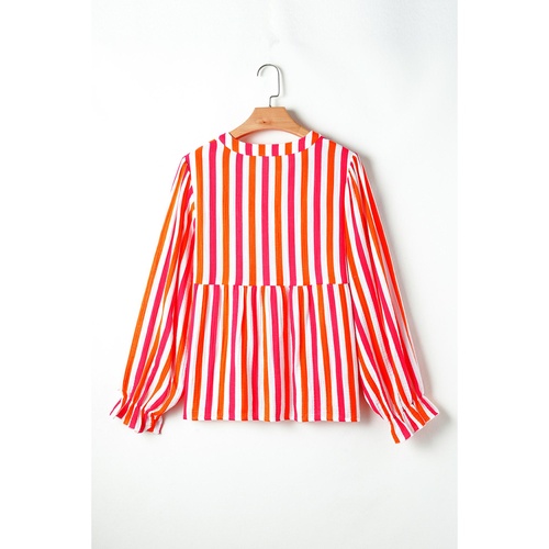 Orange Stripe Balloon Sleeve Notched V Neck Buttoned Front Blouse - L - Main Image