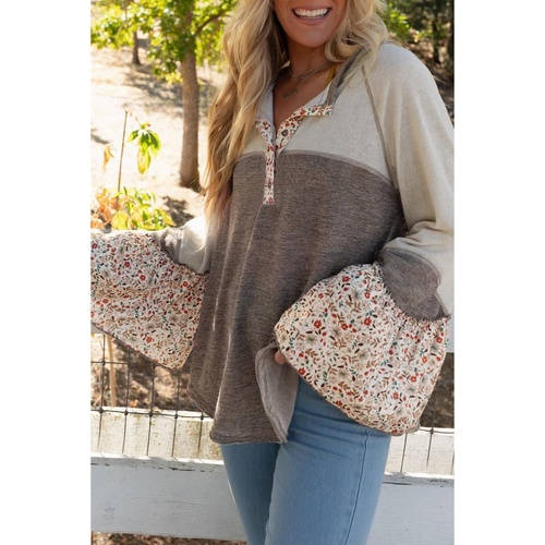 Goat Colorblock Floral Patchwork Flared Sleeve Buttons Henley Top - L - Main Image
