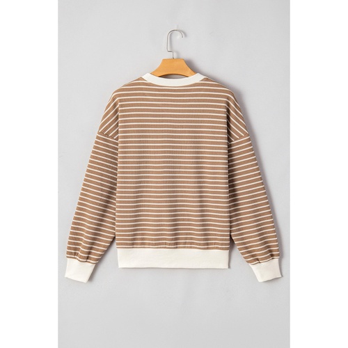 Khaki Stripe Patched Edge Textured Round Neck Long Sleeve Top - L - Main Image