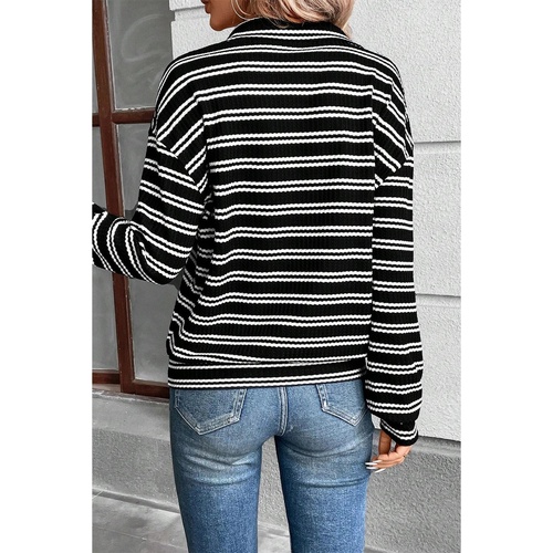 Black Stripe Textured Quarter Zip Collar Long Sleeve Top - L - Main Image