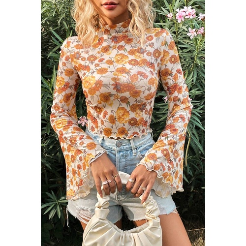 Orange Floral Printed Bell Sleeve Mock Neck Scallop Trim Blouse - L - Main Image