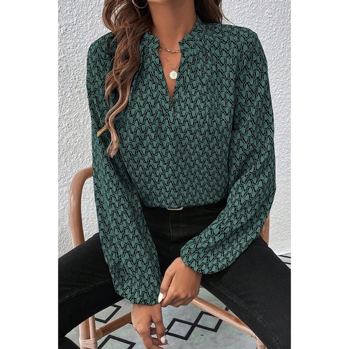 Green Geometric Print Notched Neck Puff Sleeve Blouse - L - Main Image