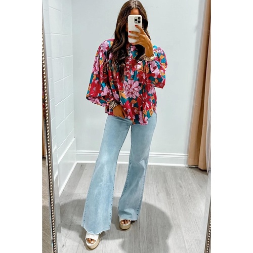Red Floral Printed Balloon Sleeve Half Buttons Blouse - L - Main Image