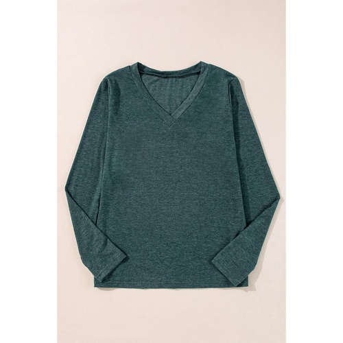 Mist Green Solid Color Long Sleeve V Neck Top - L - Main Image