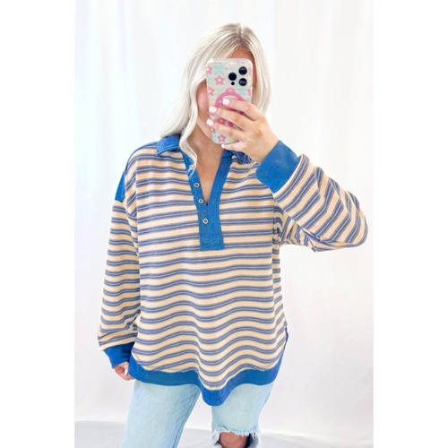 Blue Stripe Buttoned V Neck Collared Drop Shoulder Top - 2XL - Main Image