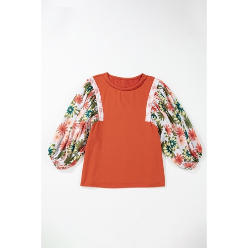 Desert Gold Floral Puff Sleeve Patchwork Round Neck Blouse - L - Main Image