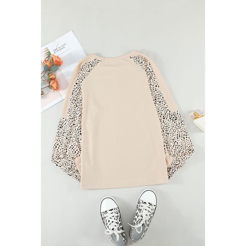 Khaki Thanksgiving Pumpkin Graphic Leopard Raglan Sleeve Top - L - Main Image