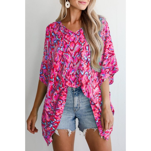 Pink Abstract Print V Neck Half Sleeve Loose Fit Tunic Blouse - L - Main Image