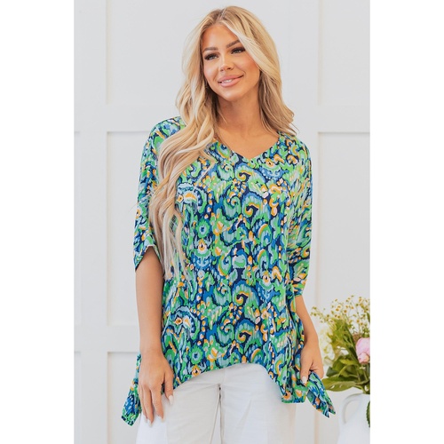 Green Abstract Print V Neck Half Sleeve Loose Fit Tunic Blouse - L - Main Image