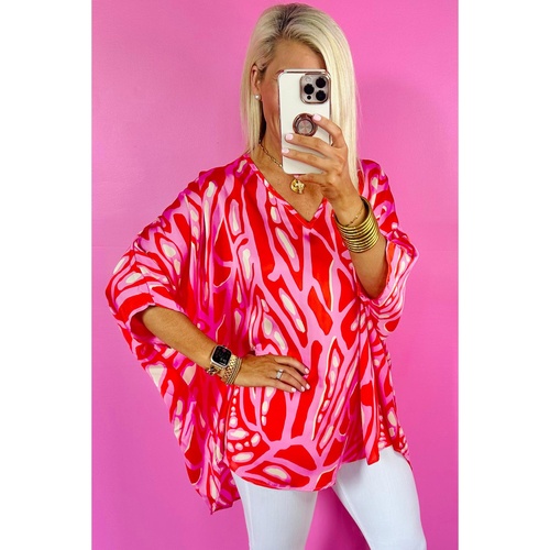 Red Abstract Print V Neck Batwing Sleeve Oversized Blouse - L - Main Image