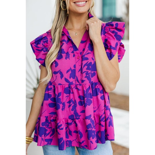 Rose Floral Print Collared Button Neckline Flutter Sleeve Blouse - L - Main Image