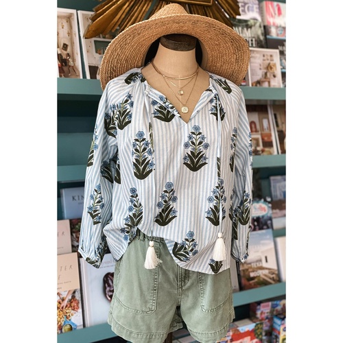 Beau Blue Striped Floral Printed Long Sleeve Tied V Neck Blouse - XL - Main Image