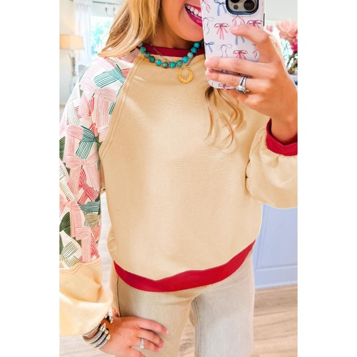 Beige Bowknot Printed Patchwork Raglan Sleeve Colorblock Edge Top - L - Main Image