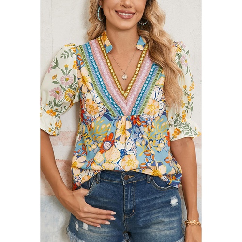 Multicolour Crochet V Neck Half Sleeve Boho Floral Blouse - L - Main Image