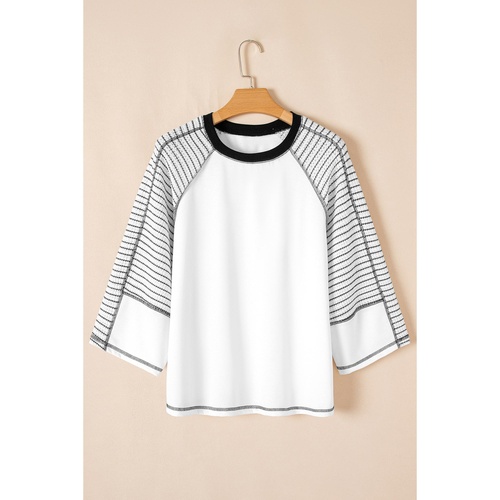 Black Striped Bracelet Sleeve Raglan Patchwork Top - M - Main Image