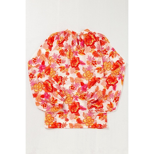 Orange Floral Print Pearl Button Keyhole Long Puff Sleeve Blouse - L - Main Image