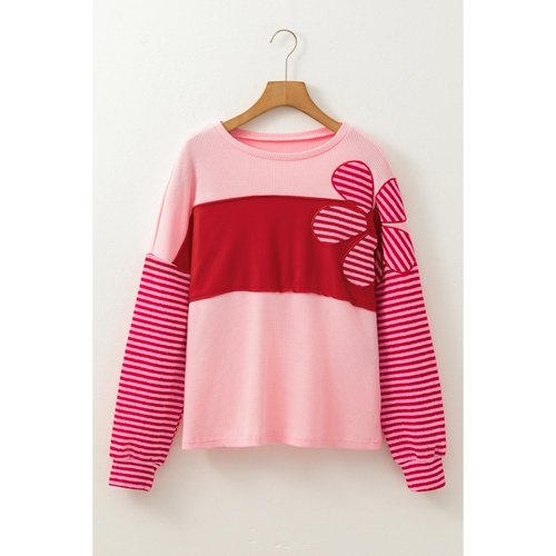Pink Floral Patch Color Block Striped Sleeve Textured Top - M - Main Image