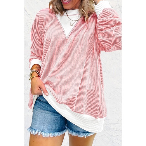 Peach Blossom Corded Colorblock Drop Shoulder Loose Top - L - Main Image