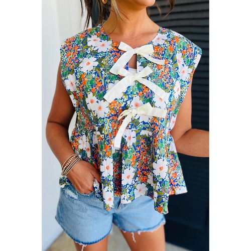 Green Floral Print Bow Applique Slit Sleeveless Peplum Blouse - S - Main Image