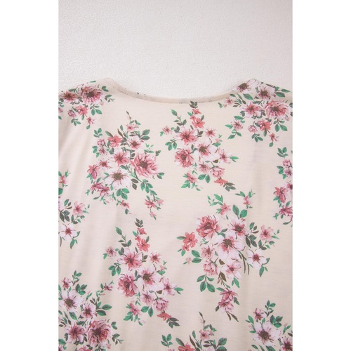 Pink Floral Print Pleated U Neck Loose Fit Blouse - L - Main Image