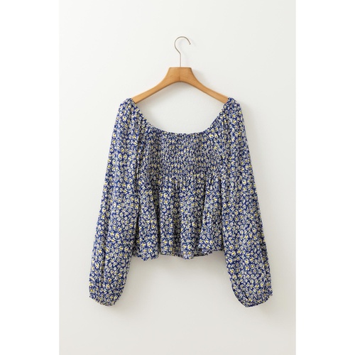 Blue Boho Floral Print Smocked Square Neck Loose Fit Blouse - L - Main Image