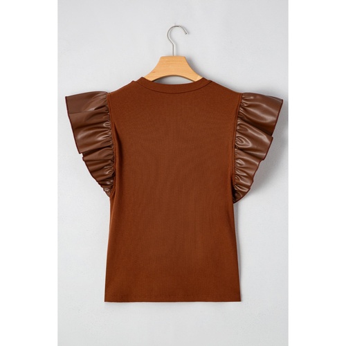 Cinnamon Leather Ruffle Sleeve Patchwork Round Neck Blouse - L - Main Image