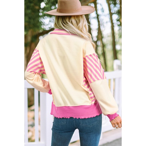 Pink Stripe Colorblock Patchwork Collared French Terry Knit Top - L - Main Image
