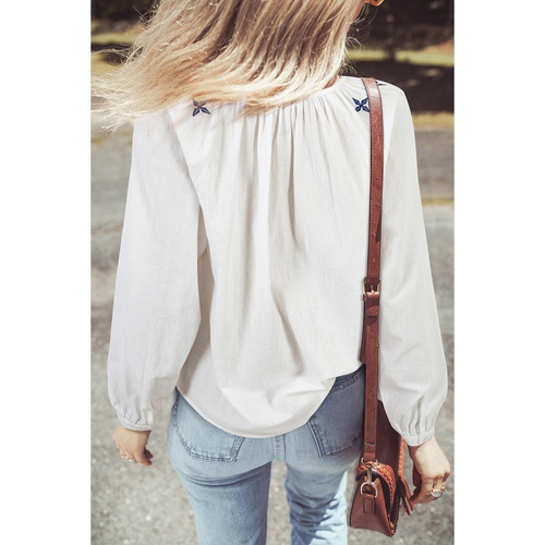 White Geometric Embroidered Long Sleeve Buttoned Blouse - M - Main Image
