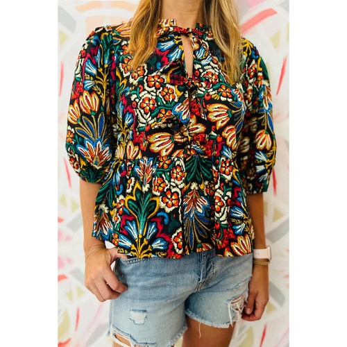 Black Tropical Print Bubble Sleeve Knot Front Blouse - M - Main Image