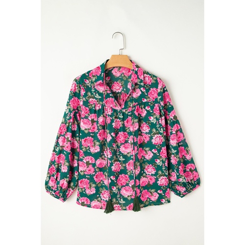Green Floral Printed Tied Collar Puff Sleeve Blouse - L - Main Image