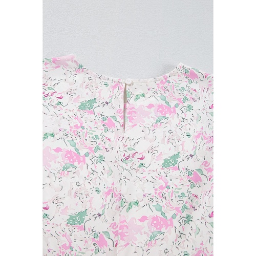 Pink Floral Print Shirred Balloon Sleeve Keyhole Back Babydoll Blouse - L - Main Image