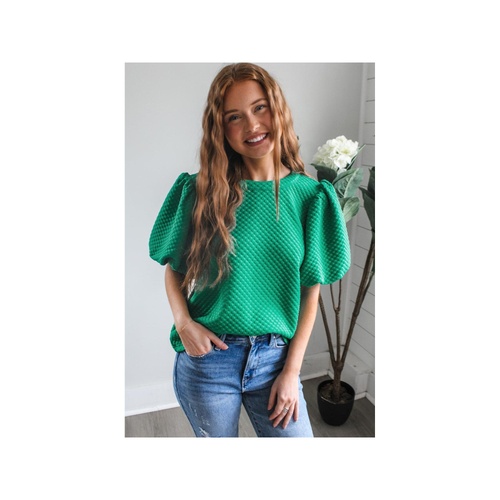 Sea Green Solid Textured O Neck Puff Sleeve Blouse - L - Main Image