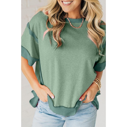 Smoke Green Half Sleeve Raw Seam High Low Side Split Top - L - Main Image