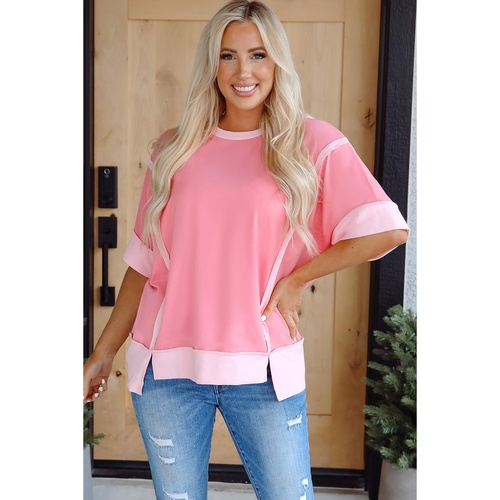 Peach Blossom Half Sleeve Raw Seam High Low Side Split Top - L - Main Image