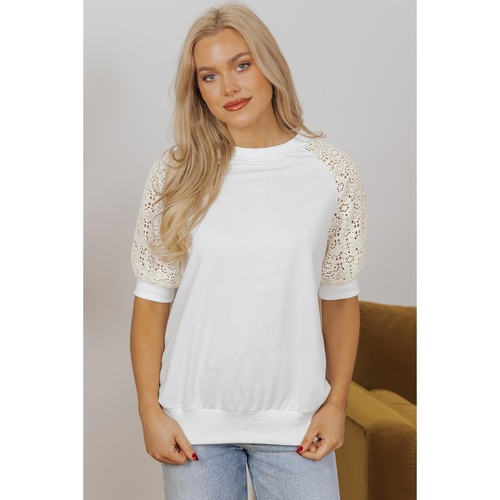 White Lace Crochet Short Sleeve Round Neck T Shirt - L - Main Image