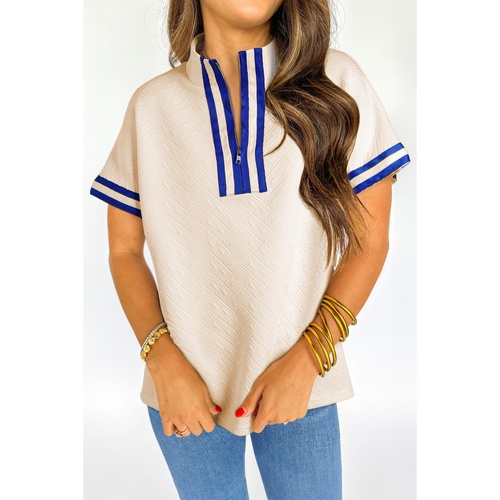 Beige Preppy Striped Trim Textured Quarter Zipper Colorblock Short Sleeve Top - L - Main Image