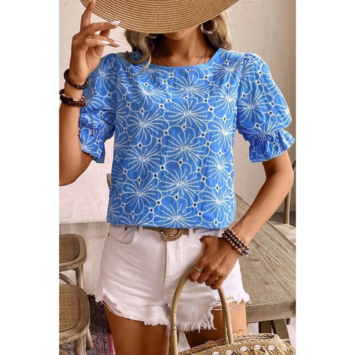 Sky Blue Eyelet Flower Embroidery Frilled Short Puff Sleeve Blouse - L - Main Image