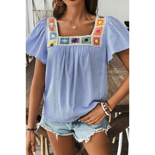 Sky Blue Stripe Textured Ruffle Short Sleeve Boho Detail Square Neck Blouse - L - Main Image