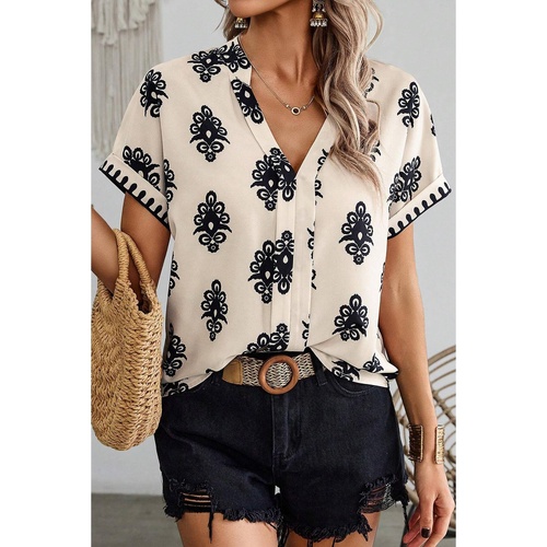 Black Geometric Print Short Sleeve V Neck Blouse - M - Main Image