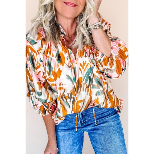 Yellow Abstract Print Drawstring Frilled V Neck 3/4 Sleeve Blouse - L - Main Image