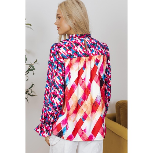 Rose Red Abstract Geometric Pattern Patchwork Puff Sleeve Blouse - L - Main Image