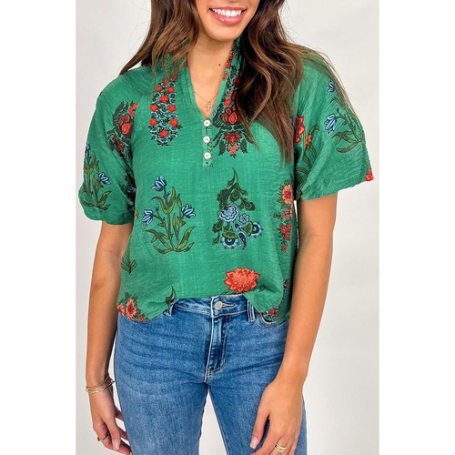 Bright Green Floral Print Buttoned V Neck Short Sleeve Blouse - L - Main Image
