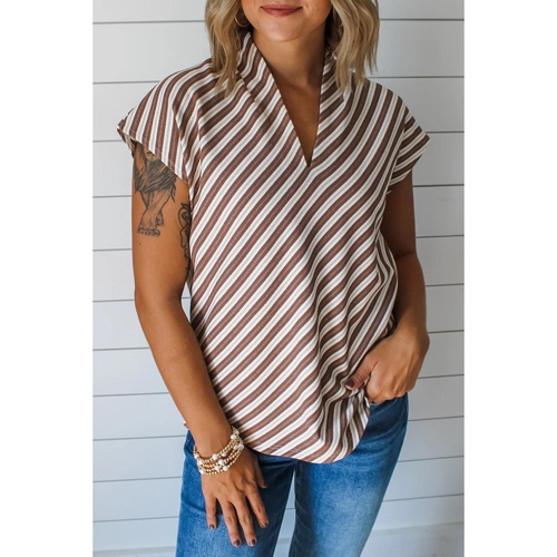 Chestnut Striped Stand V Neck Short Sleeve Blouse - L - Main Image