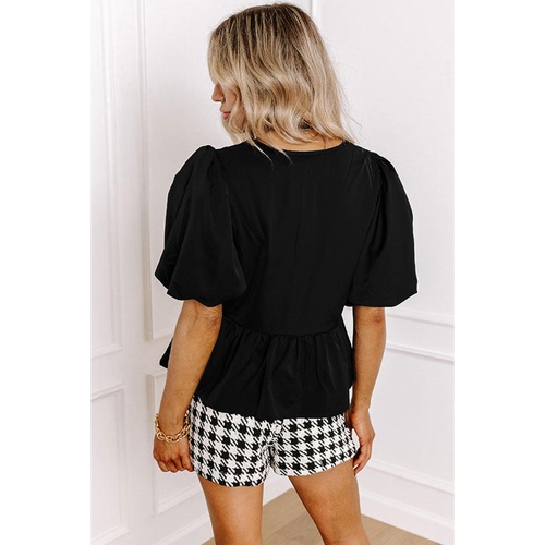 Black Puff Sleeve Bowknot Front Peplum Blouse - S - Main Image