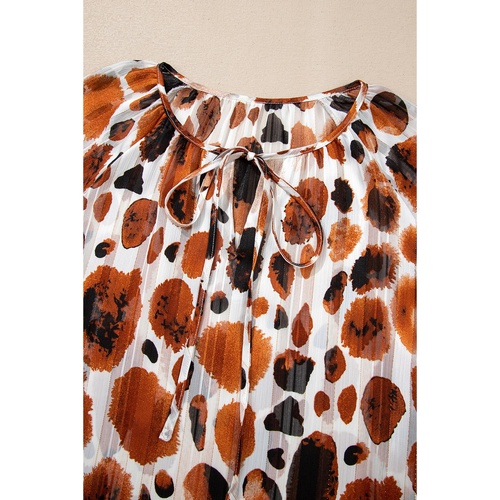 Brown Metallic Threading Accents Pleated Abstract Printed Ruffled 3/4 Sleeve Blouse - L - Main Image