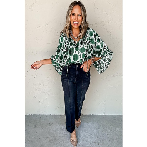 Green Metallic Threading Accents Pleated Abstract Printed Ruffled 3/4 Sleeve Blouse - S - Main Image