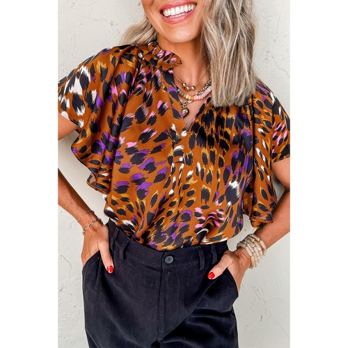 Orange Leopard Printed Draped Short Sleeve Slit V Neck Blouse - L - Main Image
